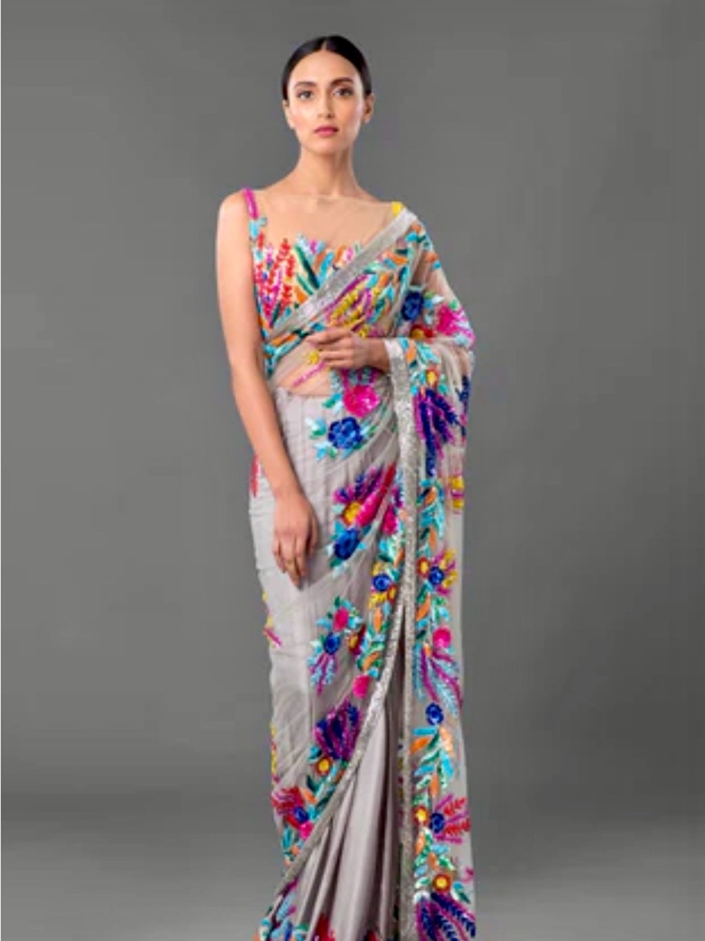 MANISH MALHOTRA Embroidered Silver Saree Multicolor Floral Accents